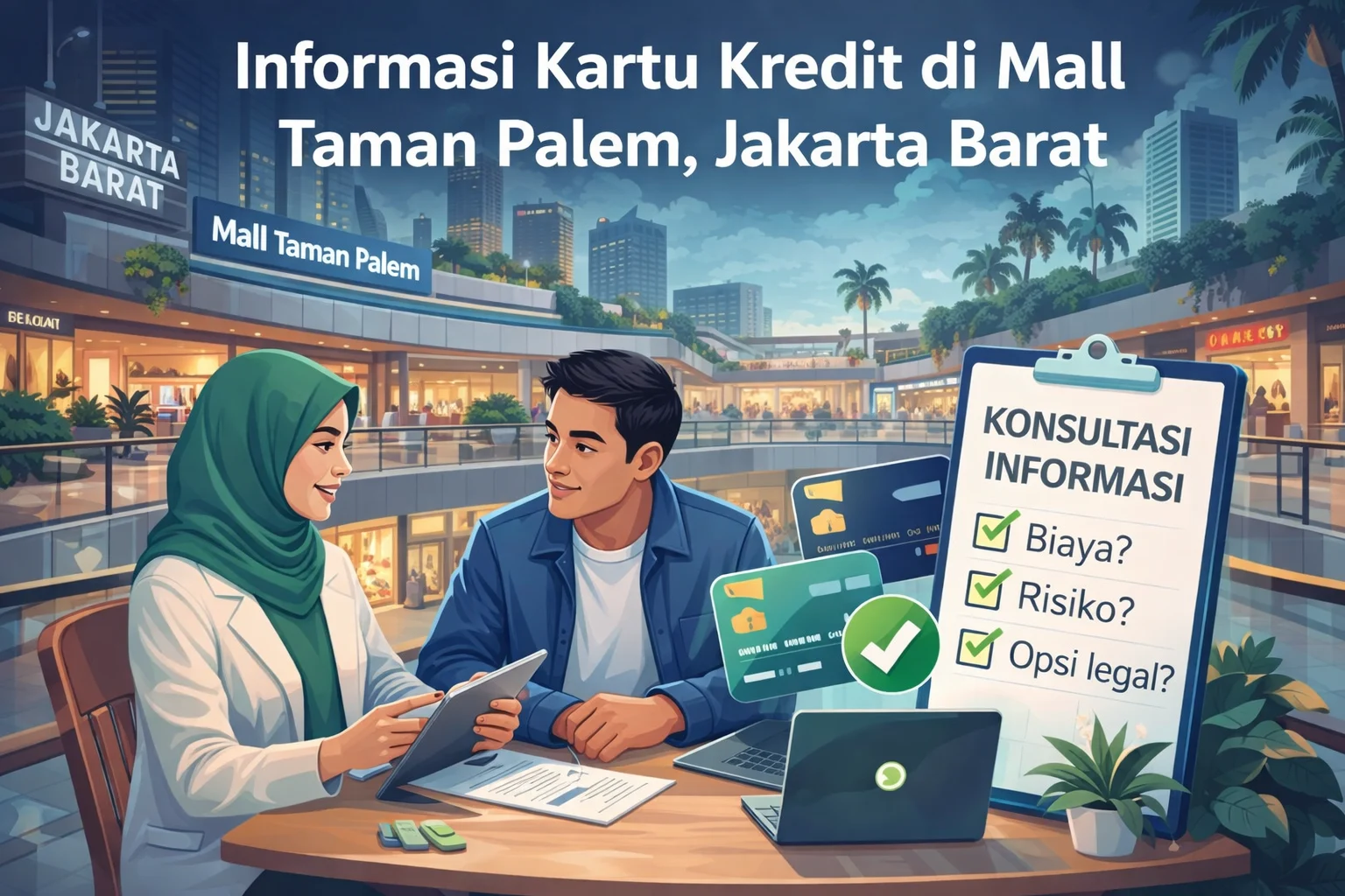 Ilustrasi konsultasi informasi kartu kredit di Mall Taman Palem Jakarta Barat dengan fokus transparansi biaya dan risiko